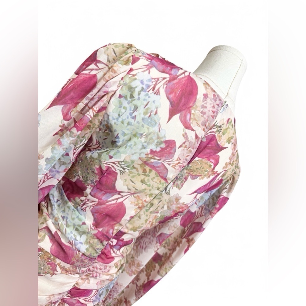 Floral V Neckline Cuff Sleeves Ruffle Skirt Chiffon Mini Dress Women Size Medium - Picture 7 of 8